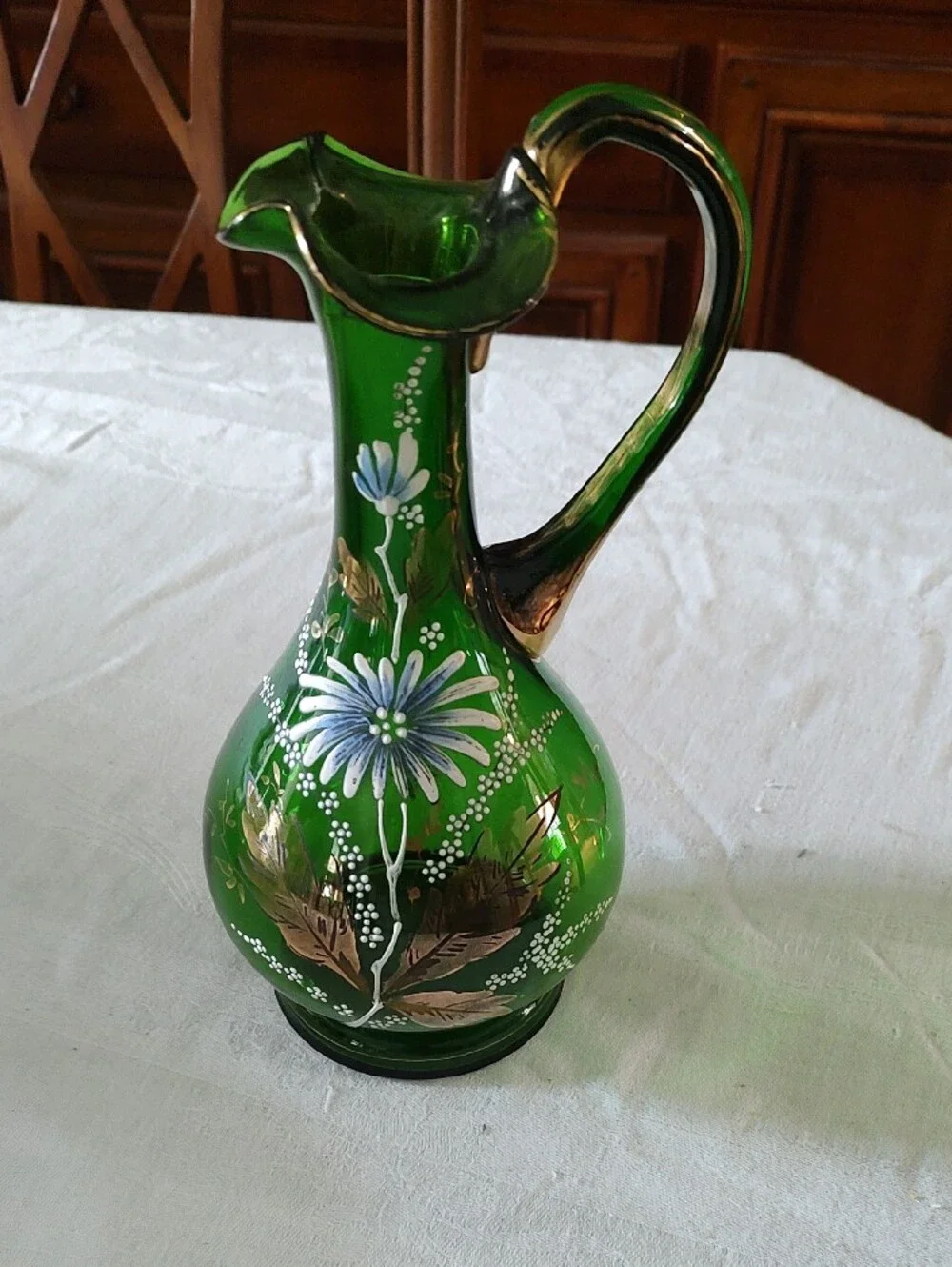 Hand-Painted Dark Green Floral Glass Pitcher Vase